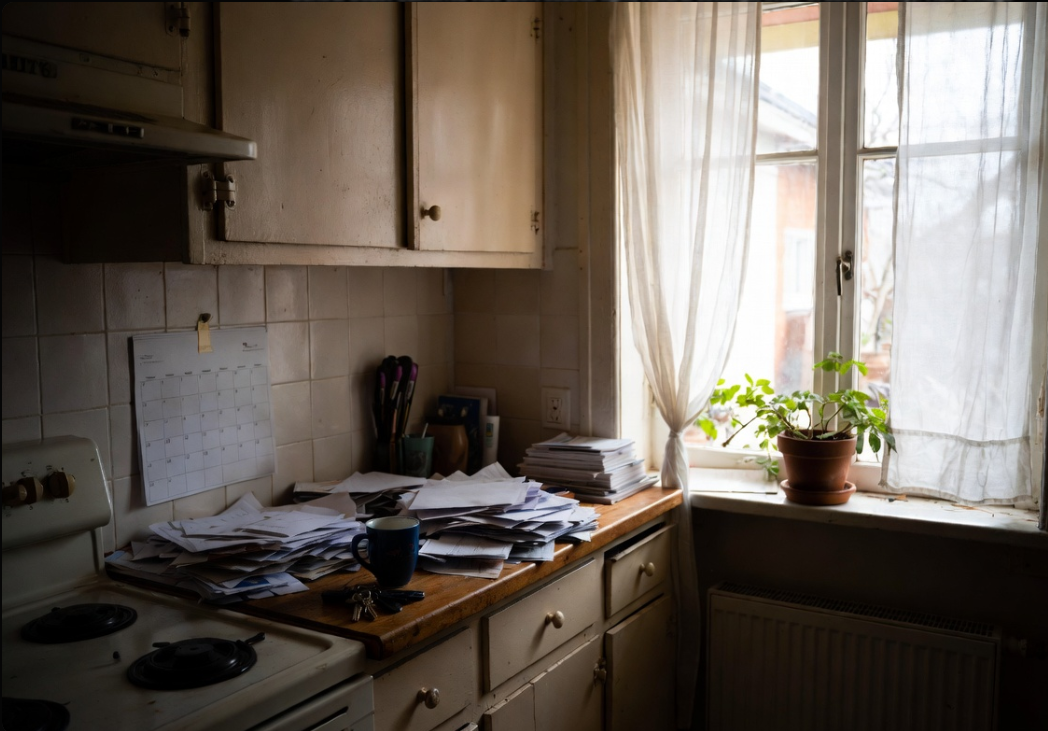 A cluttered kitchen counter with mail piling up — an early sign a parent may need more support