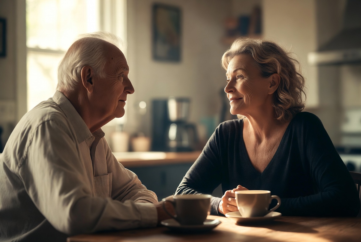 A parent and adult child in quiet conversation at a kitchen table — talking about care before crisis